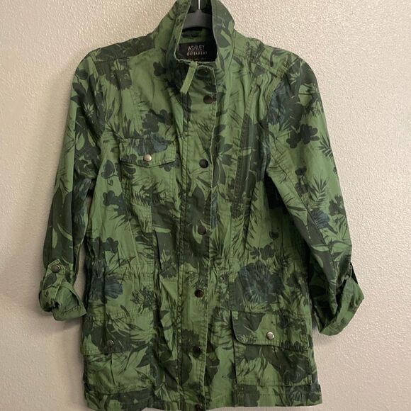 Green utility jacket with tropical print- Size large - Picture 2 of 12